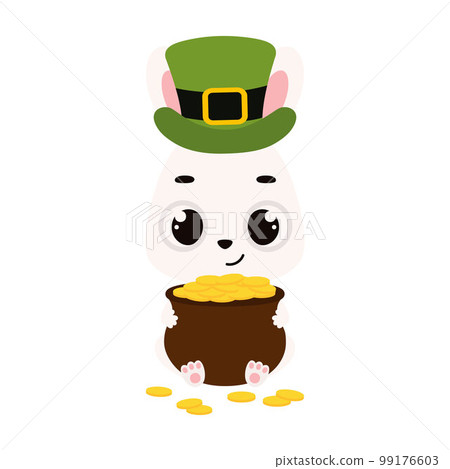 Cute bunny in green leprechaun hat holds bowler with gold coins. Irish holiday folklore theme. Cartoon design for cards, decor, shirt, invitation. Vector stock illustration Cute bunny in green leprechaun hat holds bowler with gold coins. Irish holiday folklore theme. Cartoon design for cards, decor, shirt, invitation. Vector stock illustration 99176603
