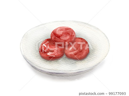 Red umeboshi on a plate Watercolor illustration 99177093