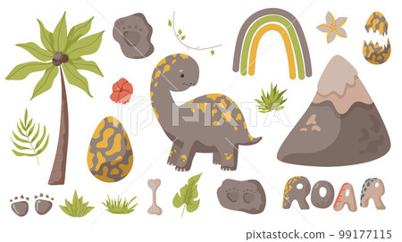 Dinosaur and rainbow set. Illustrations paw, claw predator. Dinosaur footprint perfect for textile, wrap and wallpaper and design. 99177115