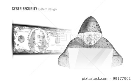 Anonymous hacker at the laptop computer Internet security. Cyber attack business concept low poly. Server polygonal point line design vector illustration Anonymous hacker at the laptop computer Internet security. Cyber attack business concept low poly. Server polygonal point line design vector illustration 99177901