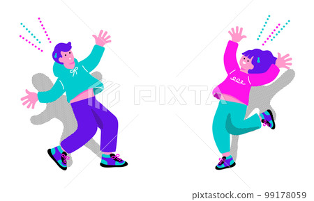 流行色彩中快樂的男人和女人的插圖 流行色彩中快樂的男人和女人的插圖 99178059