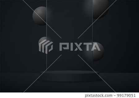 Black round podium with transparent glass and background with black spheres. Abstract vector rendering of a 3d shape to display promotional products. 99179051