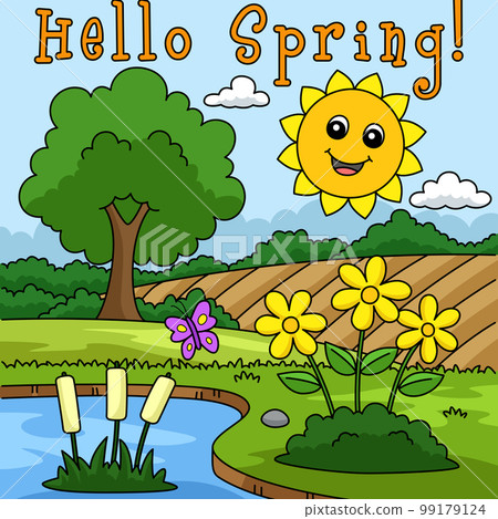Hello Spring Smiling Sun Colored Cartoon Hello Spring Smiling Sun Colored Cartoon 99179124