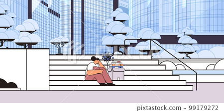 depressed businesswoman in despair sitting on stairs dismissed business woman with things unemployment crisis 99179272