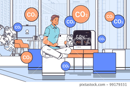 businessman working in office with air quality monitor test on the presence of dangerous CO2 control level testing 99179331