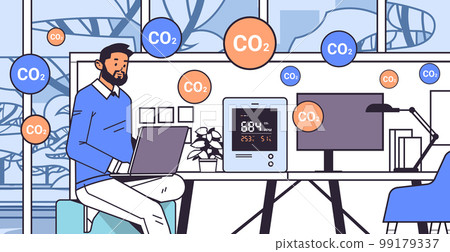 businessman working in office with air quality monitor test on the presence of dangerous CO2 control level testing with indoor carbon dioxide detector 99179337