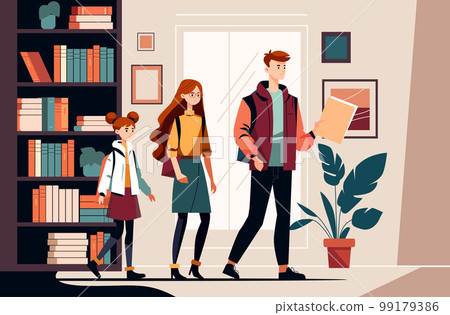 cute students in casual clothes studying in library or bookstore with books and bookshelves education concept 99179386