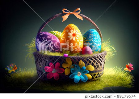 Easter basket with colored eggs Easter basket with colored eggs 99179574