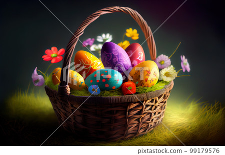 Easter basket with colored eggs Easter basket with colored eggs 99179576