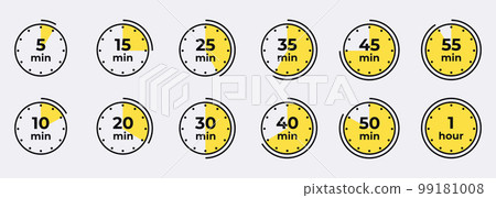Timer, clock, stopwatch isolated set icons. Countdown timer symbol icon set. Label cooking time. Vector illustration 99181008