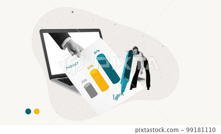 Contemporary art collage. Conceptual design. Human hand sticking out laptop screen with business analytics of project. Woman signing contract Contemporary art collage. Conceptual design. Human hand sticking out laptop screen with business analytics of project. Woman signing contract 99181110