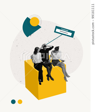 Contemporary art collage. Conceptual design. Wrong password. Employees sitting together and working on new online project 99181111