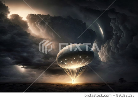 Flying white scifi ufo balloon during storm. Ufo balloon. Unidentified flying object Flying white scifi ufo balloon during storm. Ufo balloon. Unidentified flying object 99182153