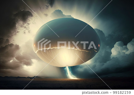 Flying white scifi ufo balloon during storm. Ufo balloon. Unidentified flying object Flying white scifi ufo balloon during storm. Ufo balloon. Unidentified flying object 99182159