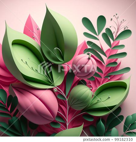 Pink shades flowers with green stems and leaves on pink background. 99182310
