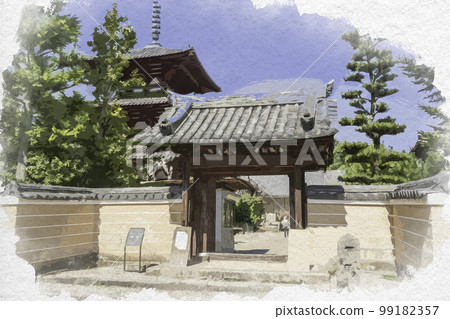 奈良縣生駒郡斑鳩町法輪寺水彩風格的正門 奈良縣生駒郡斑鳩町法輪寺水彩風格的正門 99182357