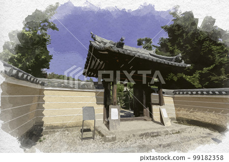 奈良縣生駒郡斑鳩町法輪寺水彩風格的正門 99182358