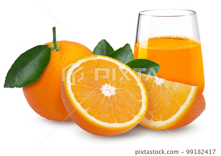 Fresh Orange fruit and an Orange slice with a Glass of Orange Juice isolated on a white background 99182417