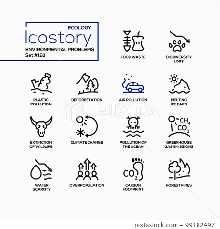 Environmental issues and ecology - line design style icons set Environmental issues and ecology - line design style icons set 99182497