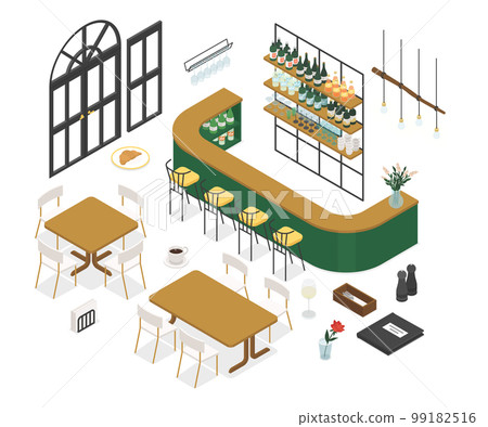 Bar interior - modern colorful isometric object set Bar interior - modern colorful isometric object set 99182516