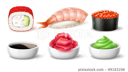Realistic sushi rolls. Caviar and shrimp rolls, japanese salmon snacks, soy sauce, wasabi, pickled ginger, rice and nori seaweed, 3d isolated elements, asian restaurant menu utter vector set Realistic sushi rolls. Caviar and shrimp rolls, japanese salmon snacks, soy sauce, wasabi, pickled ginger, rice and nori seaweed, 3d isolated elements, asian restaurant menu utter vector set 99183206