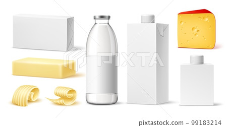 Realistic dairy products. Different natural milk drinks and food, 3d packaging with blank label, yogurt, butter and cheese, carton and glass blank bottles, isolated objects, utter vector set Realistic dairy products. Different natural milk drinks and food, 3d packaging with blank label, yogurt, butter and cheese, carton and glass blank bottles, isolated objects, utter vector set 99183214