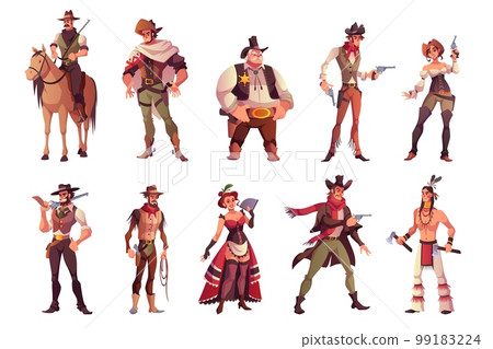 Cartoon cowboys. Funny cowboy and cowgirl, indian and saloon girl characters, different costumes and weapons, country and western style, sheriff and bandit with lasso and gun, tidy vector set 99183224