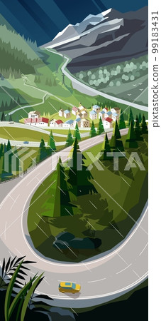 Mountain landscape in the rain with village in a valley and asphalt road in the foreground. Vector illustration Mountain landscape in the rain with village in a valley and asphalt road in the foreground. Vector illustration 99183431