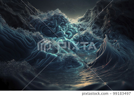 Fantasy seascape, magic wave. Generative AI. 99183497