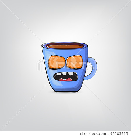 Vector cartoon blue coffee cup character with smiling face isolated on grey background. Funky Kawaii blue coffee mug character. Good morning and coffee day concept illustration 99183565