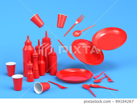 Set of disposable utensils like plate, folk, spoon,knife, cup and pepper mill Set of disposable utensils like plate, folk, spoon,knife, cup and pepper mill 99184267