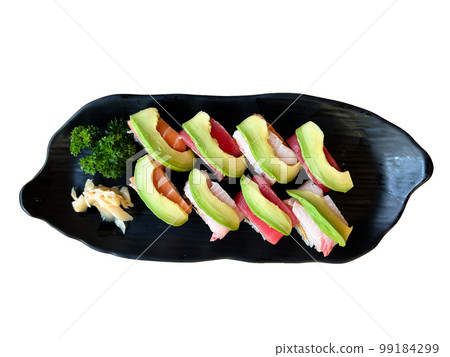 The premium Japanese avocado salmon roll on a black plate 99184299