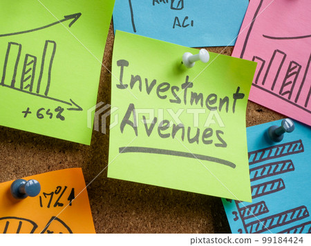 Memo sticks pinned to the board, one with Investment avenues inscription. 99184424