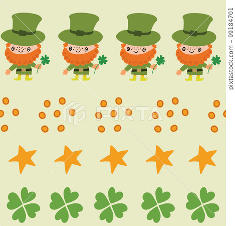 Striped St. Patrick's Day seamless pattern. Hand drawn illustration with lined up Leprechauns, clovers, stars and coins. Striped St. Patrick's Day seamless pattern. Hand drawn illustration with lined up Leprechauns, clovers, stars and coins. 99184701