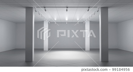 A white empty room, columns, spotlights, and an illuminated spot in the center. 3d render A white empty room, columns, spotlights, and an illuminated spot in the center. 3d render 99184956