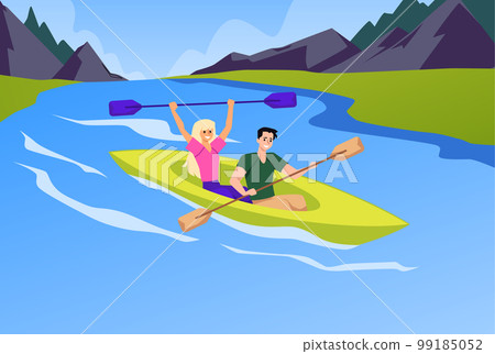 Young tourists couple traveling on kayak boat flat vector illustration. Young tourists couple traveling on kayak boat flat vector illustration. 99185052
