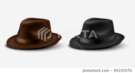 Vector 3d Realistic Brown and Black Vintage Classic Gentleman Black Hat, Cap Set Closeup Isolated on White Background. Front, Half Turn View. Unisex Hat Design Template. Vector Illustration 99185070