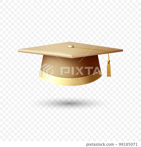 Vector 3d Realistic Graduate College, High School, University Yellow Cap Isolated. Vector Golden Degree Ceremony Hat. Educational Student Symbol, Hat Icon 99185071
