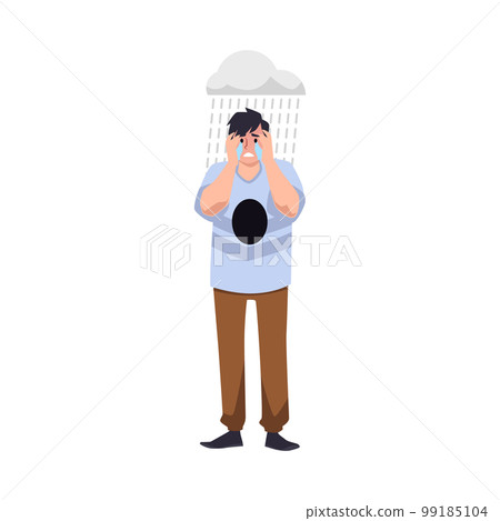 Crying man with black hole in chest and rain cloud overhead flat style 99185104