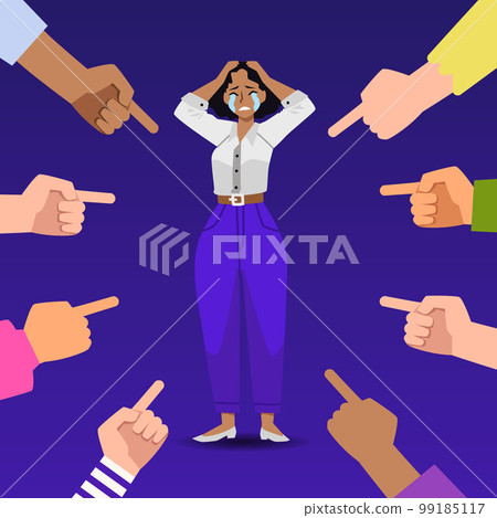 Crying woman and hands pointing at her, flat vector. Woman depressed by bullying. 99185117
