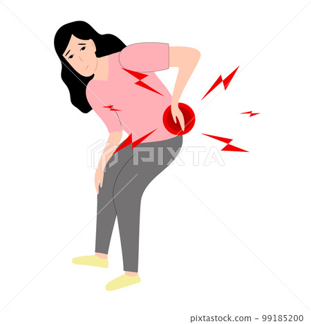 Asian Woman has low back pain and sciatica from a herniated disc. Medical diagrams about trapped nerves make patients chronic pain in the back and paralysis. Vector illustration. 99185200