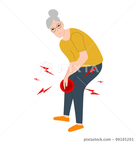 Asian Senior woman have knee pain, leg pain in flat design on white background. Old lady use hand touching on knee. Vector illustration. Asian Senior woman have knee pain, leg pain in flat design on white background. Old lady use hand touching on knee. Vector illustration. 99185201