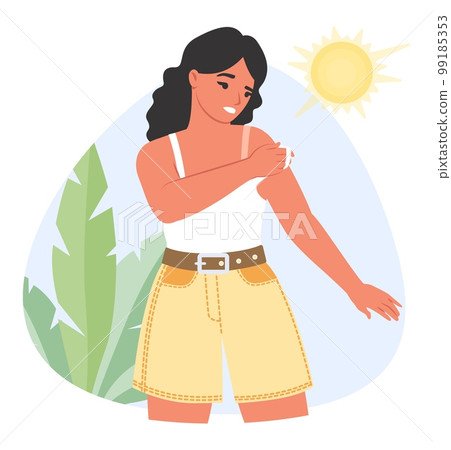 Vector young woman with sunburn problem under sun 99185353