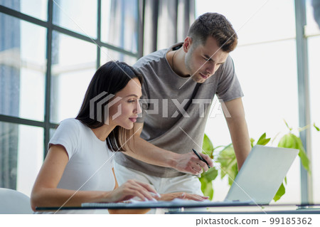 male ceo executive manager mentor giving consultation on financial operations to female colleague using laptop male ceo executive manager mentor giving consultation on financial operations to female colleague using laptop 99185362