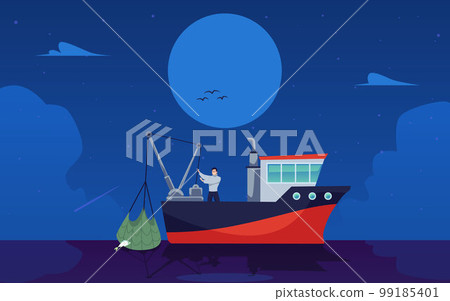 Night marine landscape with fishery boat and fisherman flat vector illustration. 99185401