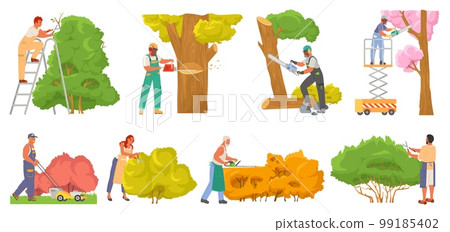 Gardener worker pruning tree plant vector set 99185402