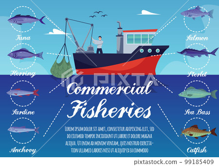 Commercial fisheries business poster template flat vector illustration. Commercial fisheries business poster template flat vector illustration. 99185409