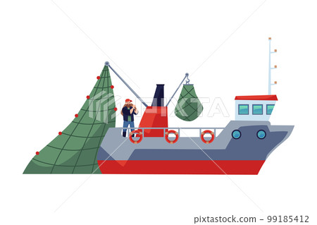 Industrial fishing ship or trawler for commercial fishing flat vector isolated. Industrial fishing ship or trawler for commercial fishing flat vector isolated. 99185412