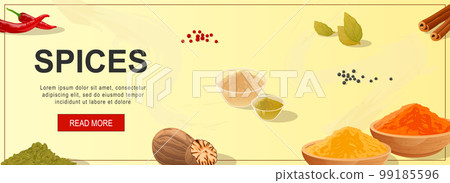 Spices horizontal web banner. Chili peppers, nutmeg, bay leaf, black or red peppercorns, cinnamon, other aroma ingredients. Vector illustration for header website, cover templates in modern design Spices horizontal web banner. Chili peppers, nutmeg, bay leaf, black or red peppercorns, cinnamon, other aroma ingredients. Vector illustration for header website, cover templates in modern design 99185596