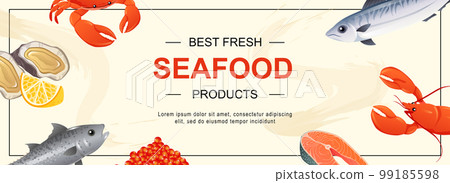 Seafood horizontal web banner. Different fish, mackerel, salmon, red caviar, crab, lobster, oyster with lemon, other products. Vector illustration for header website, cover templates in modern design 99185598